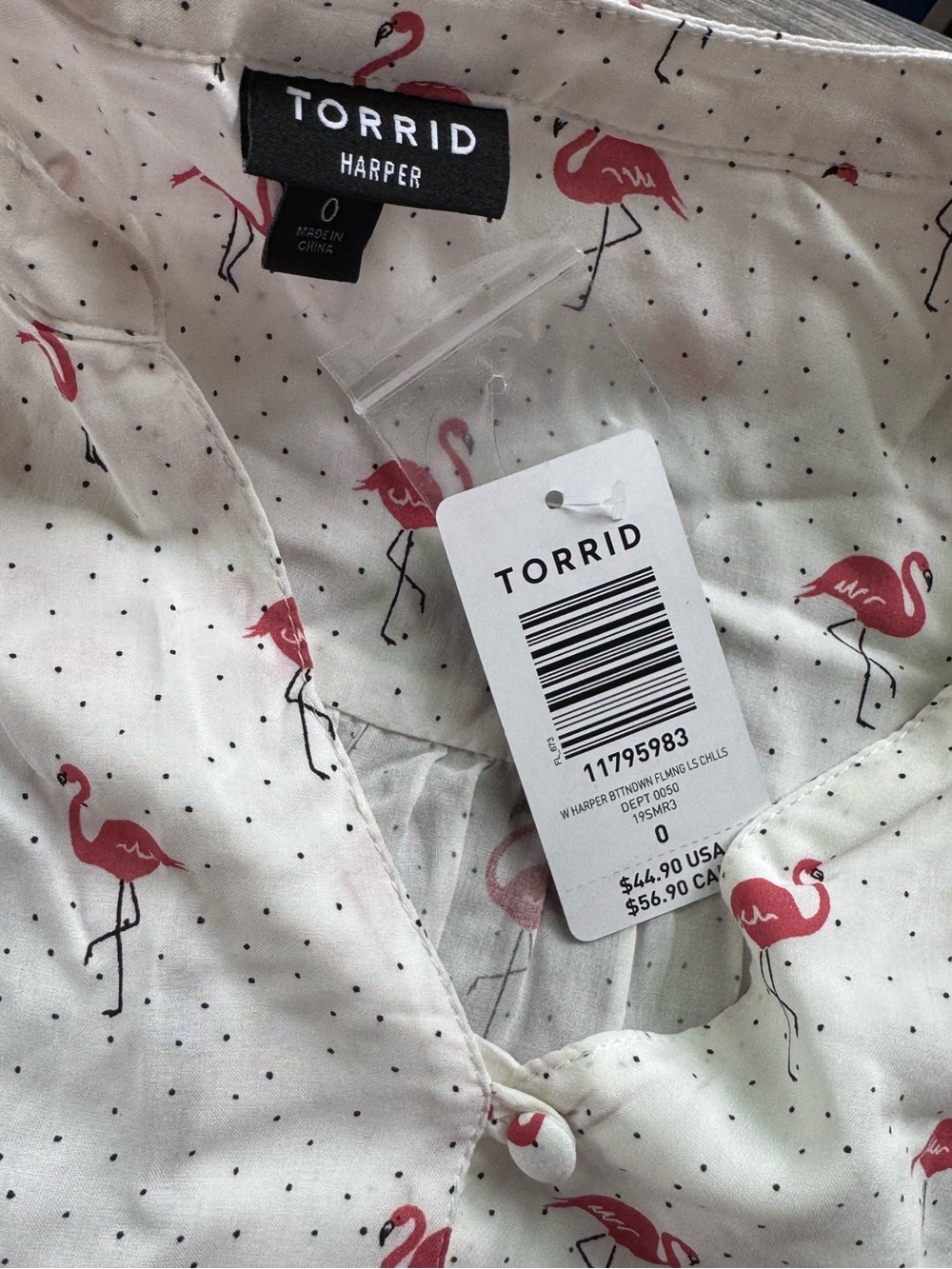 New Torrid Harper White Button Down Challis Shirt with Pink Flamingo Print Lg 12